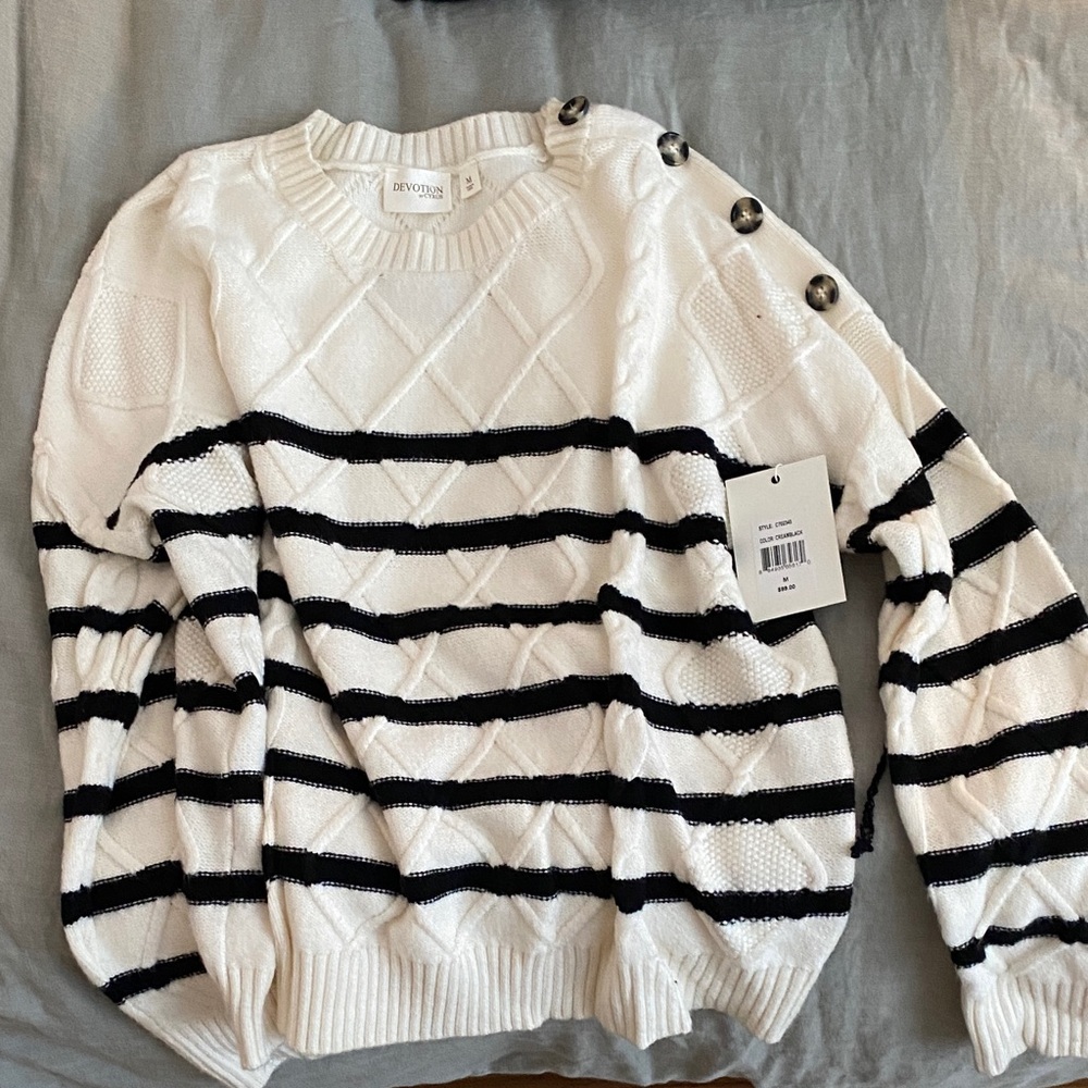 Cyrus White Sweater with Black Stripes and Shoulder Buttons